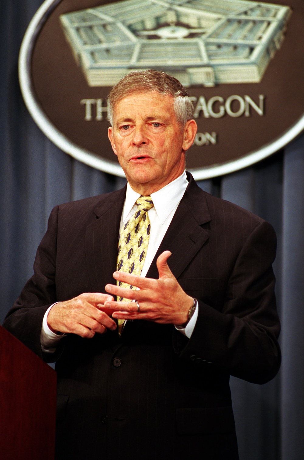 Retired Air Force Gen. James P. McCarthy briefs the press on the results of the Defense Transformation Study in the Pentagon.