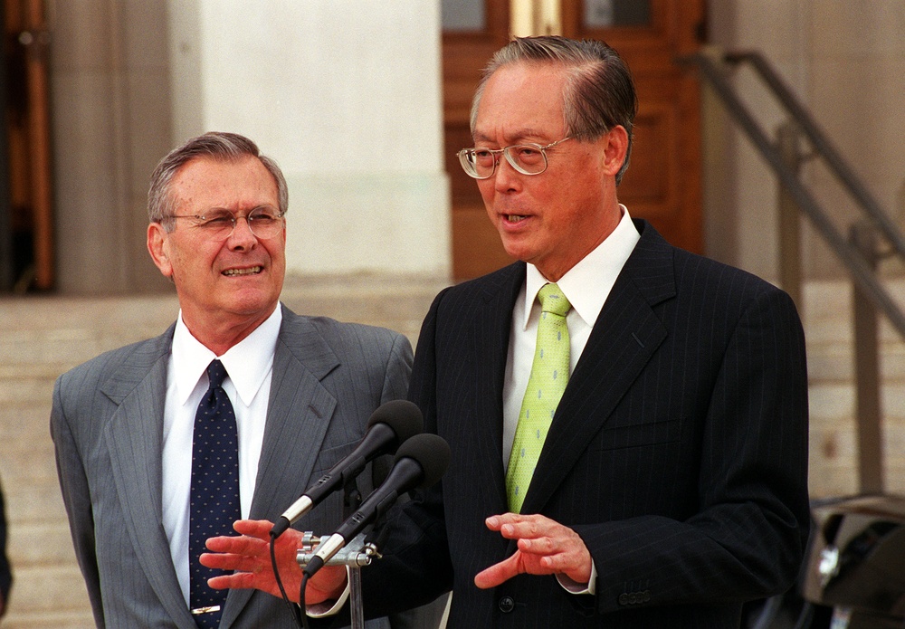 Prime Minister Goh Chok Tong responds to a reporter's question during a joint press conference with Secretary of Defense Rumsfeld.