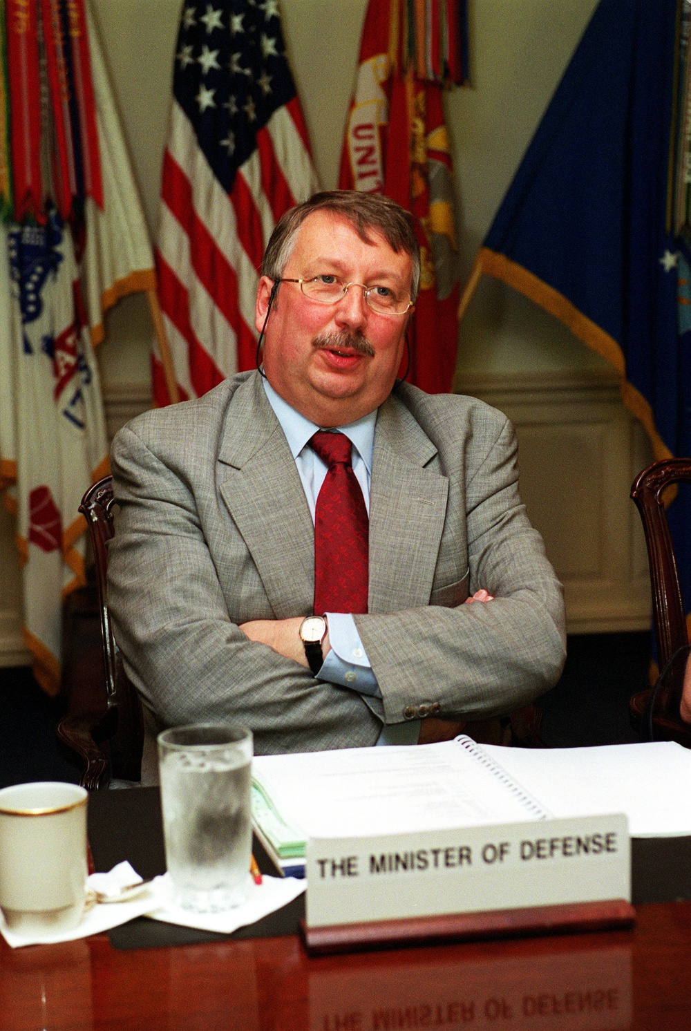 Belgium Minister of Defense Andre Flahaut meets with Secretary Rumsfeld in the Pentagon.