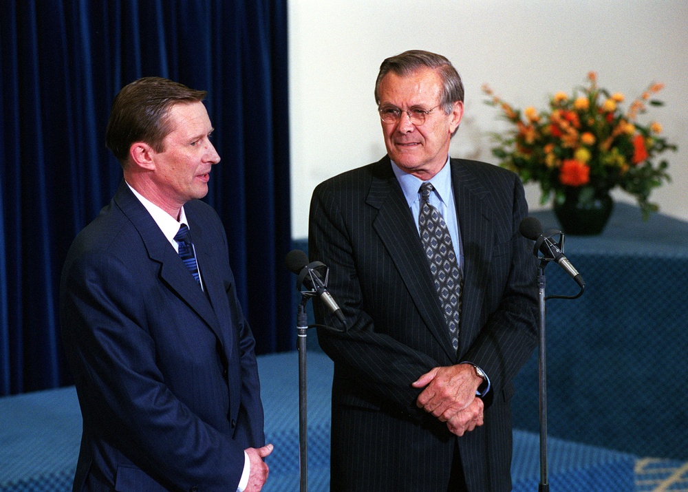 Secretary Rumsfeld and Russian Defense Minister Sergey Borisovich Ivanov participate in a press conference at NATO Headquarters.