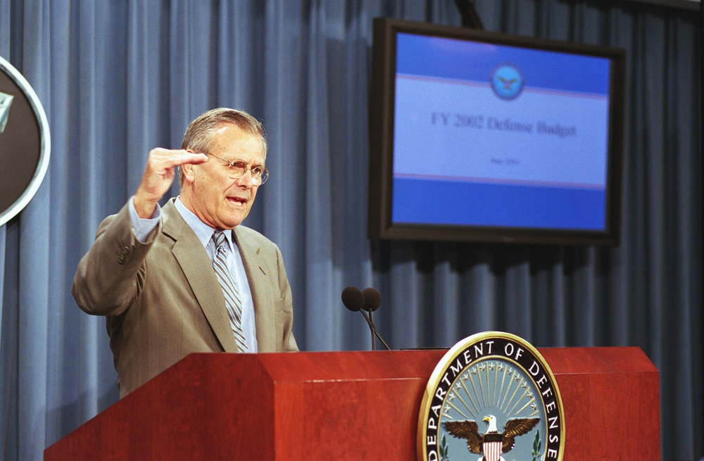 Secretary Rumsfeld responds to a question during a briefing.