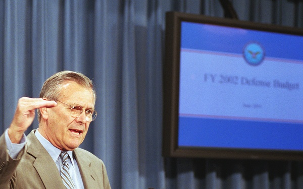 Secretary Rumsfeld responds to a question during a briefing.