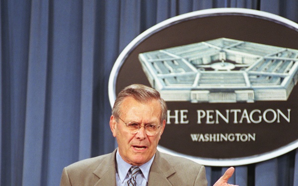 Secretary of Defense Donald H. Rumsfeld opens the Pentagon briefing.
