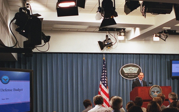 Under Secretary of Defense (Comptroller) Dov Zakheim conducts a Pentagon briefing.