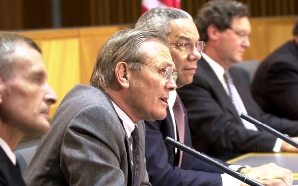 Secretary Rumsfeld answers a question during a press conference at the Australia-U.S. Ministerial.