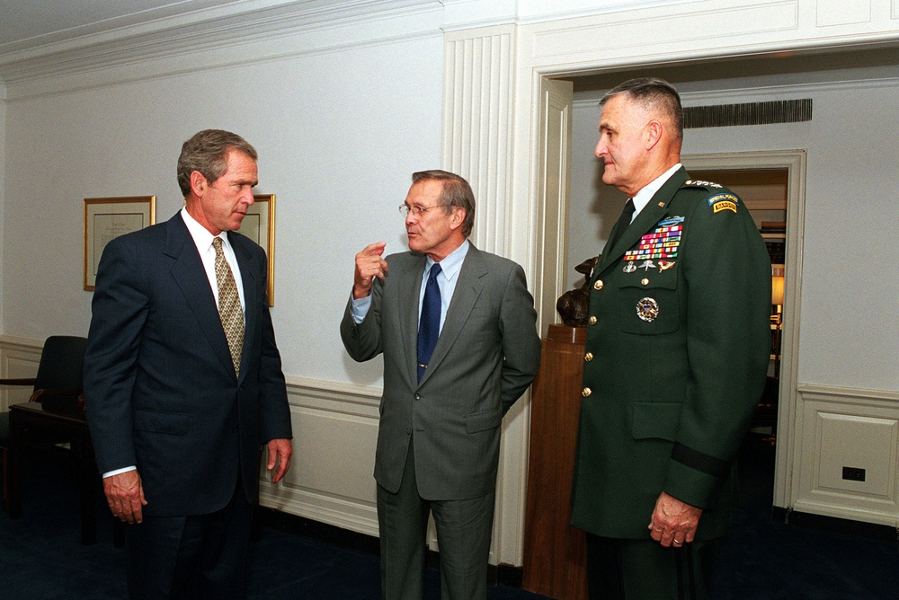 President Bush, Secretary Rumsfeld and Gen. Shelton meet in Rumsfeld's Pentagon office.
