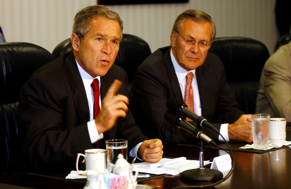 President Bush answers a question about Osama bin Laden during a media opportunity.