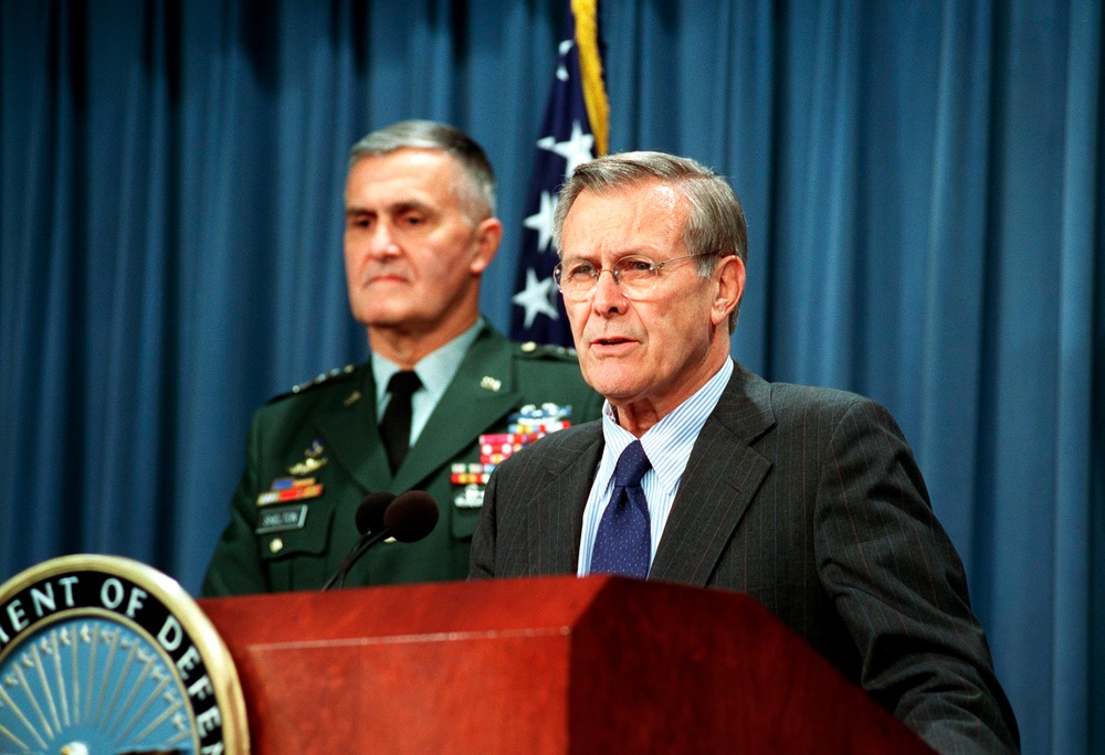 Secretary Rumsfeld responds to a reporter's question during a Pentagon press briefing.