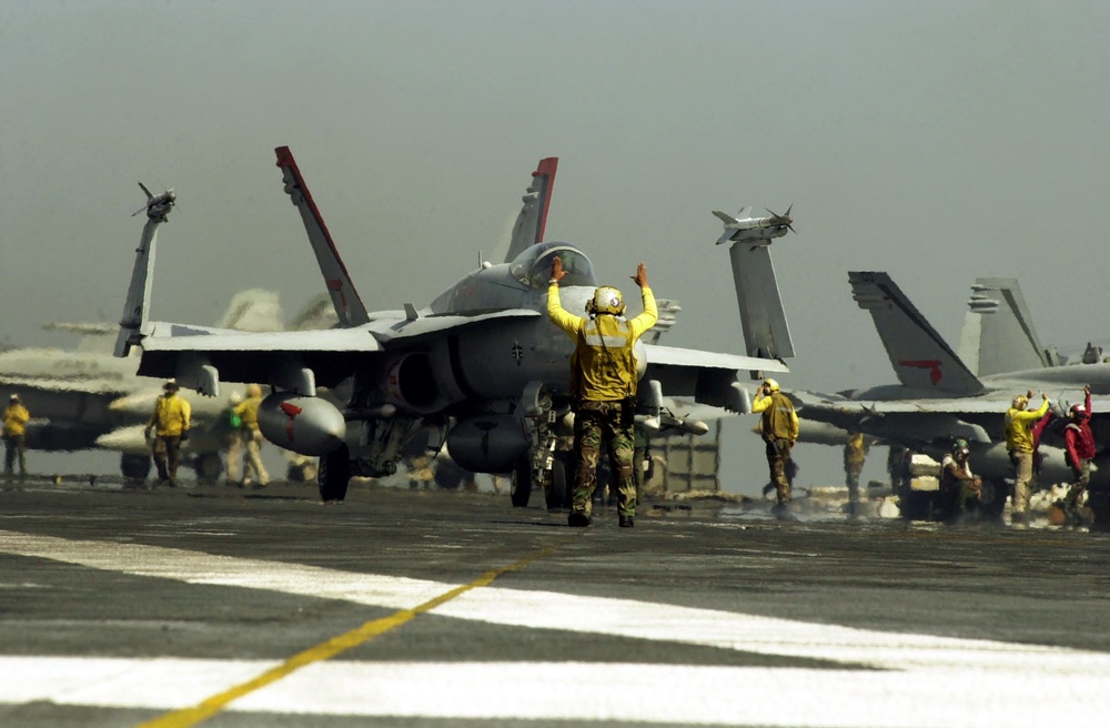 F/A-18C Hornet prepared for launch from USS Carl Vinson during Operation Enduring Freedom