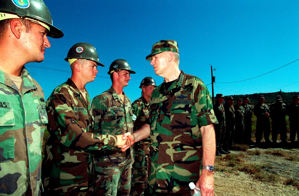 Gen. Richard B. Myers, U.S. Air Force, meets with U.S. Navy Seabees at Camp X-Ray in Guantanamo Bay, Cuba.
