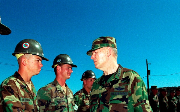 Gen. Richard B. Myers, U.S. Air Force, meets with U.S. Navy Seabees at Camp X-Ray in Guantanamo Bay, Cuba.
