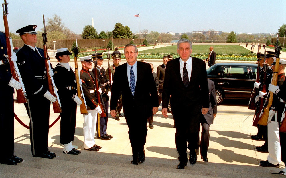 Secretary Rumsfeld escorts Greek Minister of National Defense Yiannos Papantoniou into the Pentagon.