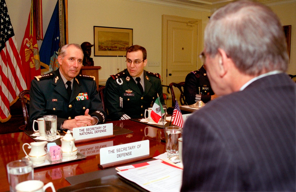 Mexican Gen. Gerardo Clemente Ricardo Vega Garcia meets with Secretary of Rumsfeld in the Pentagon.