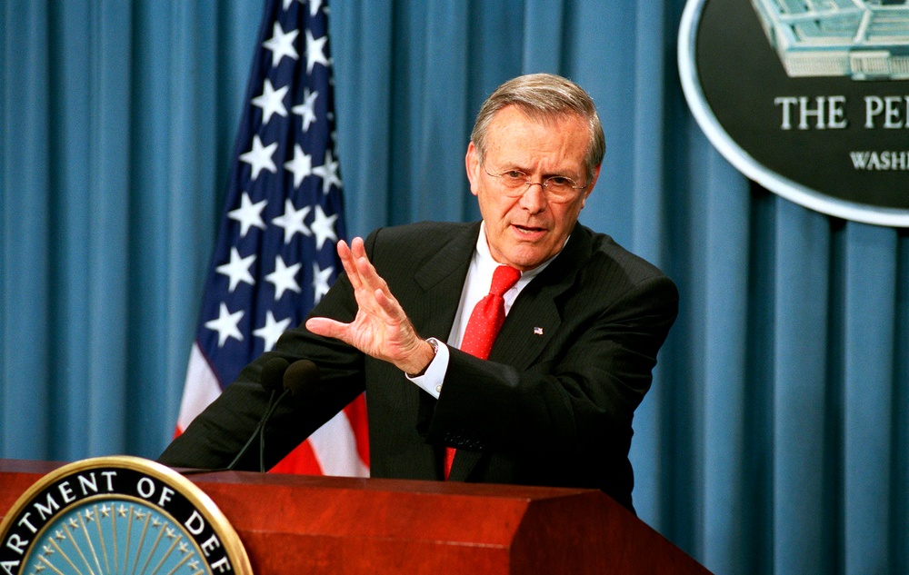 Secretary Rumsfeld answers a question after announcing the cancellation of the Crusader Artillery System.