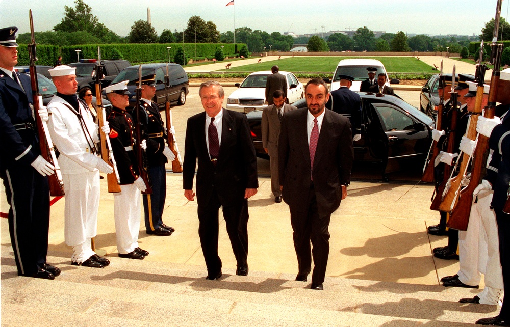 Secretary Rumsfeld escorts U.A.E. Armed Forces Chief of Staff Lt. Gen. Mohammad bin Zayid Al Nuhayyan into the Pentagon.