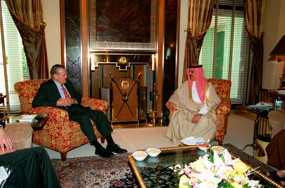 King Hamad bin Isa Al Khalifa, of the Kingdom of Bahrain, is visited by Secretary Rumsfeld at Sasfaria Palace.