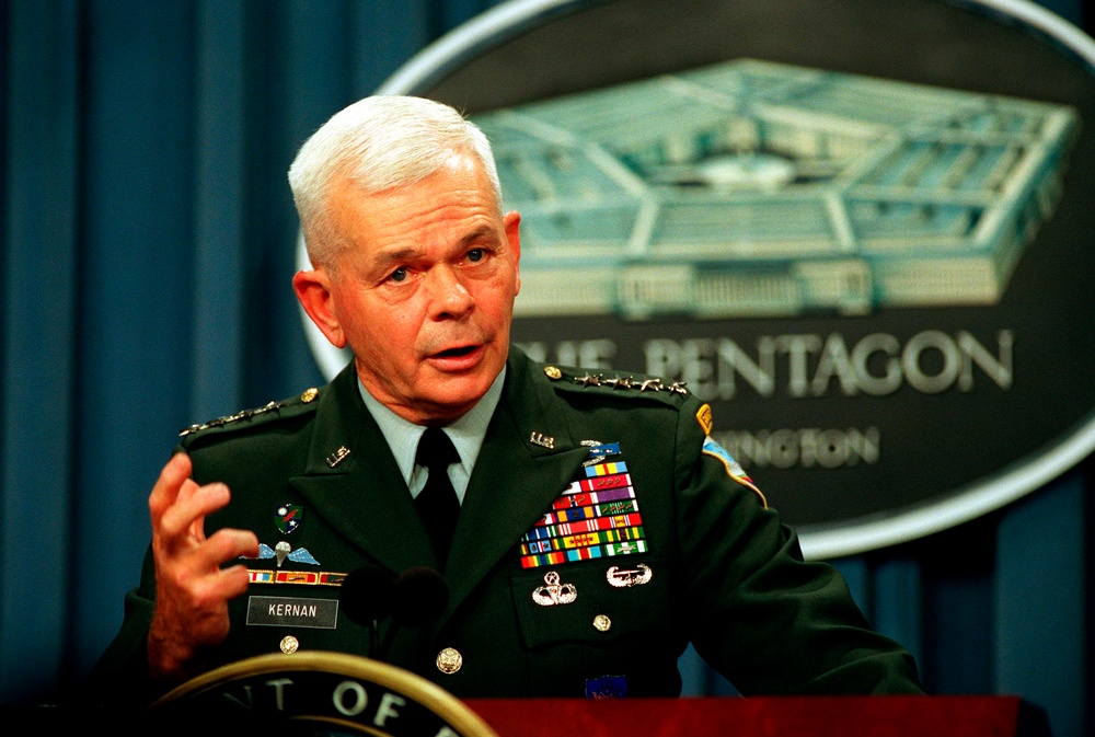 Gen. William F. Kernan briefs reporters on the upcoming Millennium Challenge 2002.