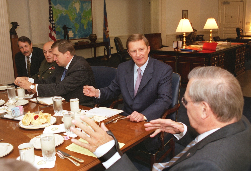 Russian Defense Minister Ivanov meets with Secretary Rumsfeld in the Pentagon.
