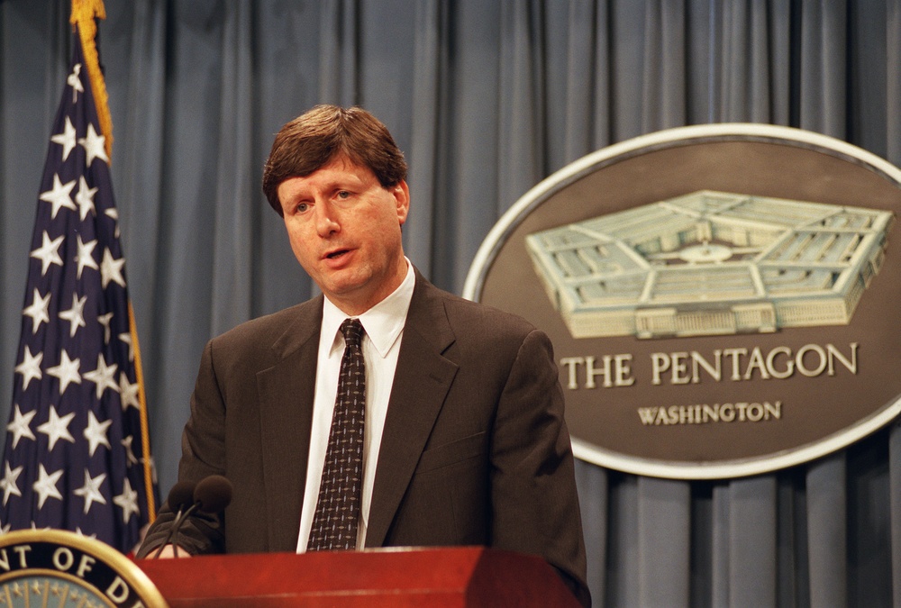 Director of Program Analysis and Evaluation Stephen A. Cambone briefs reporters.