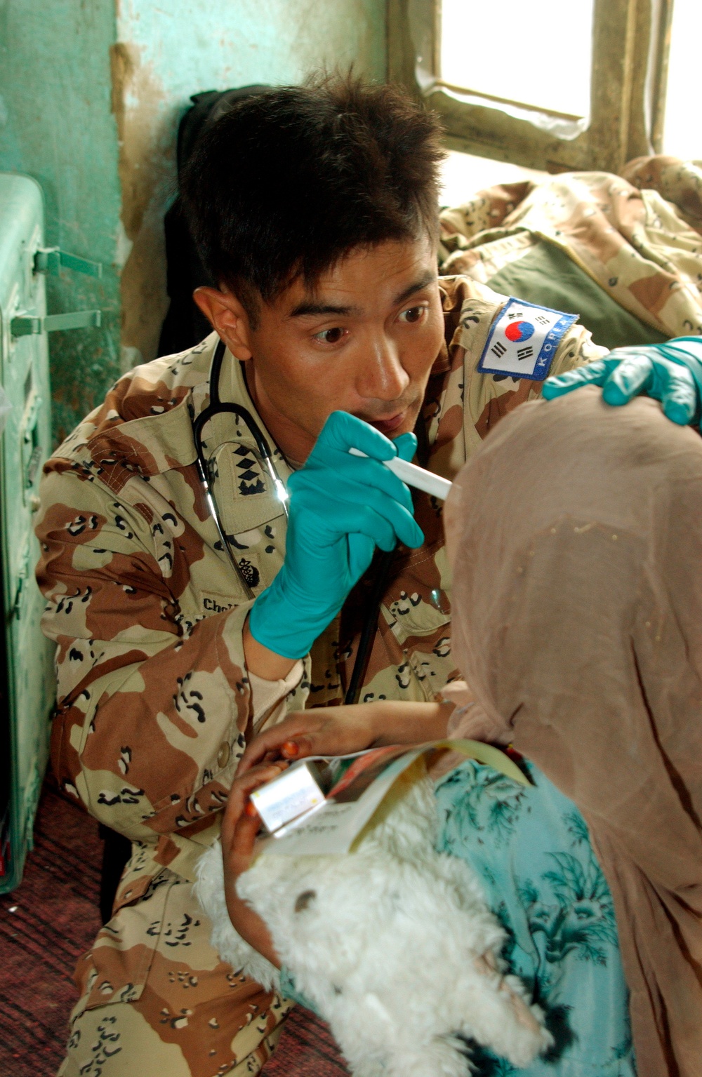 A Republic of Korea Army medic examines an Afghan child in the village of Sayed, Afghanistan.