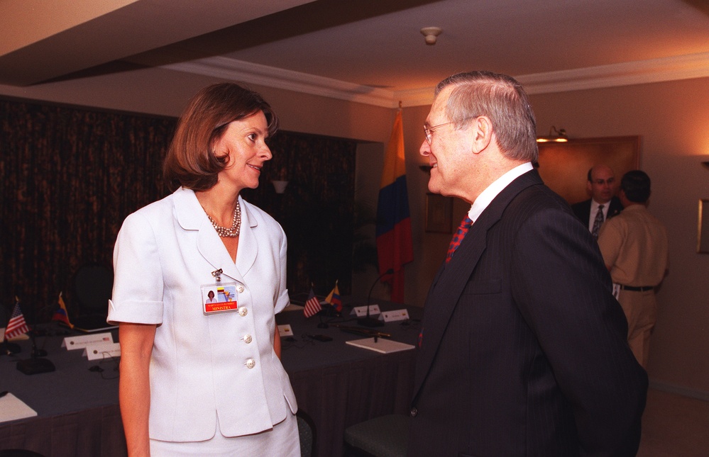 Colombian Minister of Defense Ramirez talks with Secretary Rumsfeld during the Defense Ministerial.