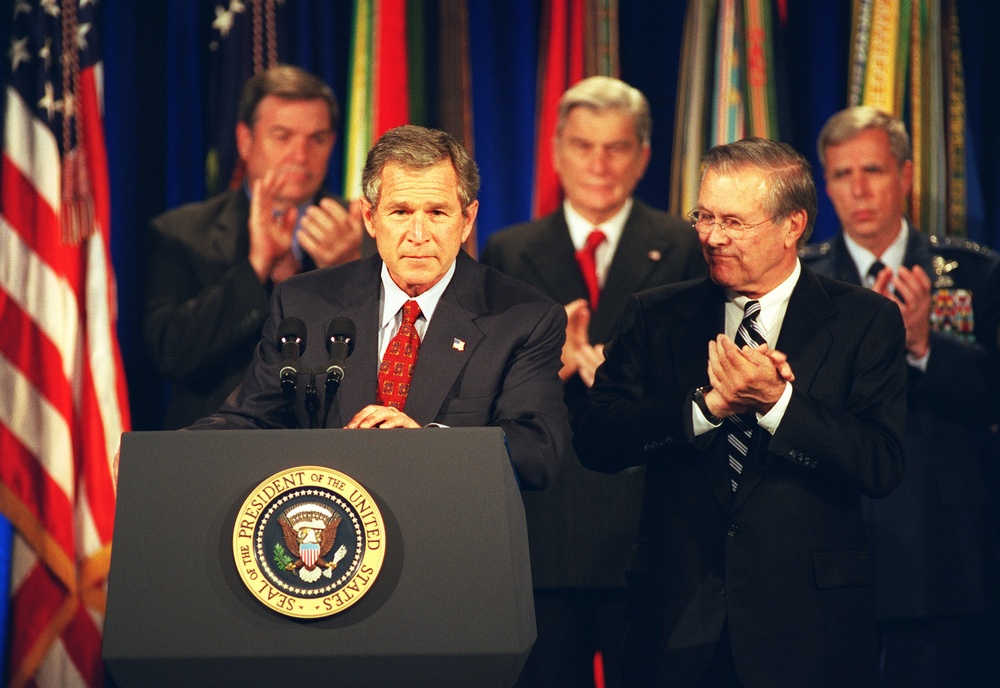 President Bush addresses military and DoD civilian personnel at the Pentagon.