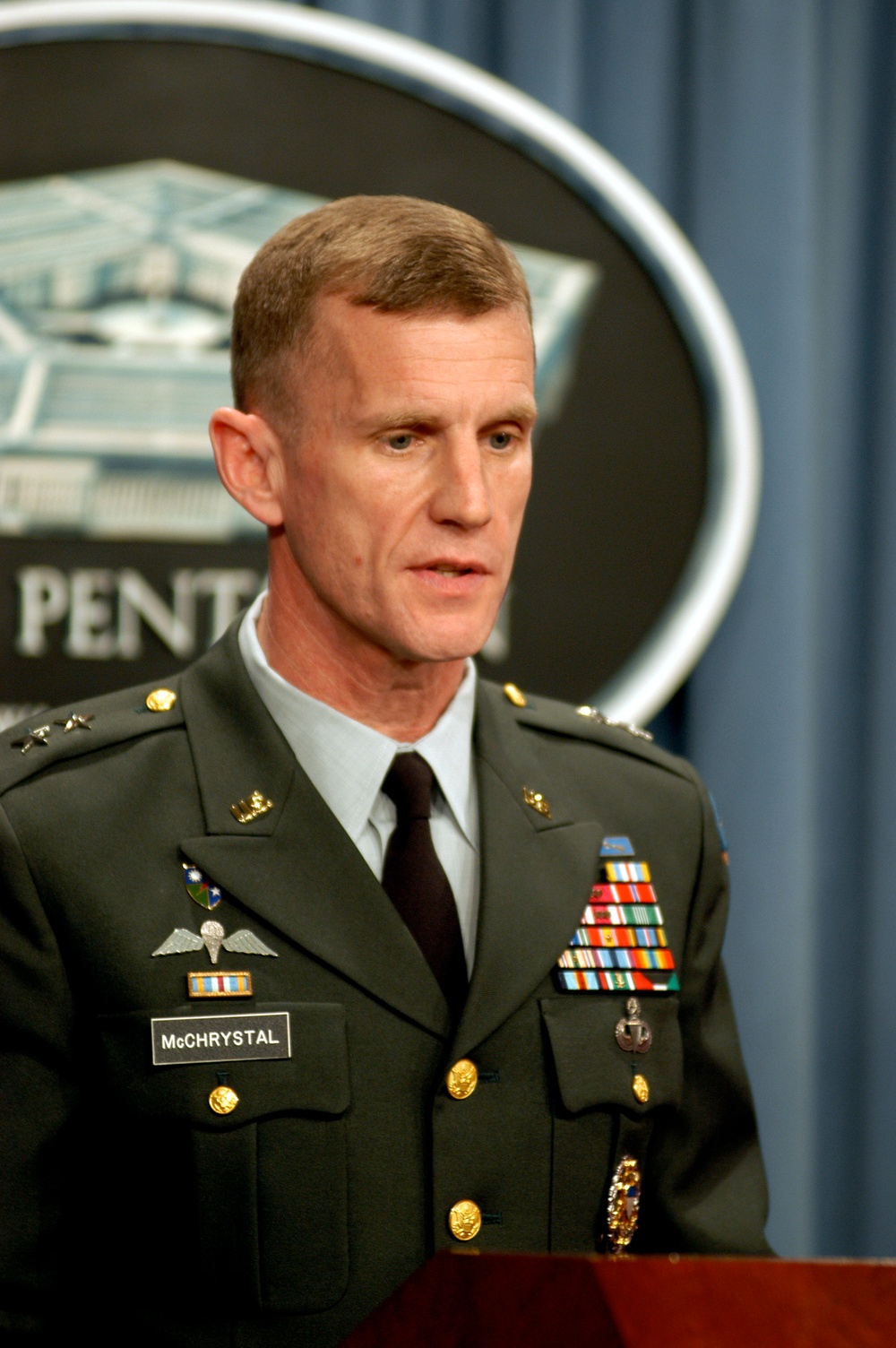Maj. Gen. McChrystal answers a reporter's question during a Pentagon press conference.