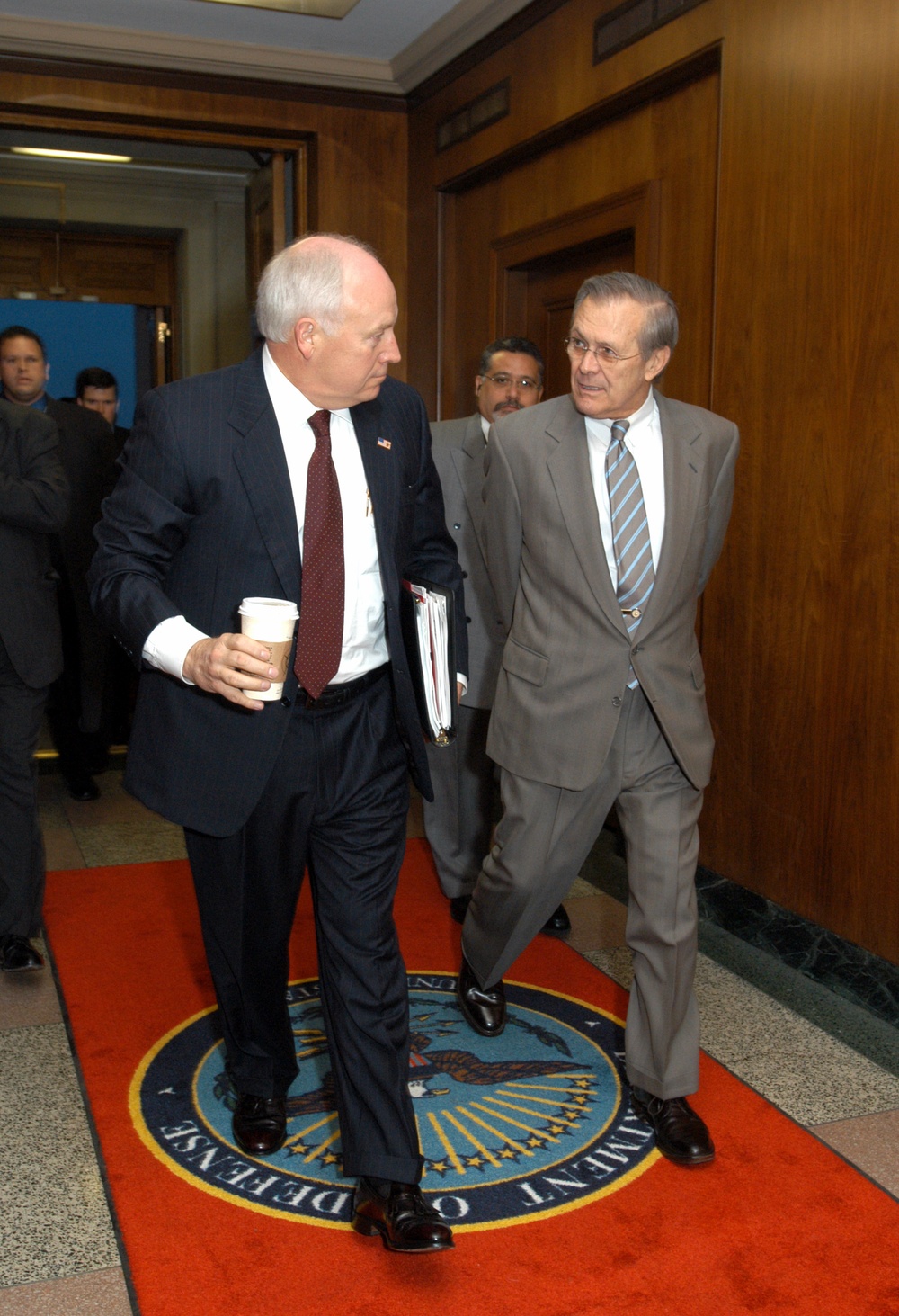 Secretary Rumsfeld escorts Vice President Dick Cheney into the Pentagon for an update on Operation Iraqi Freedom.
