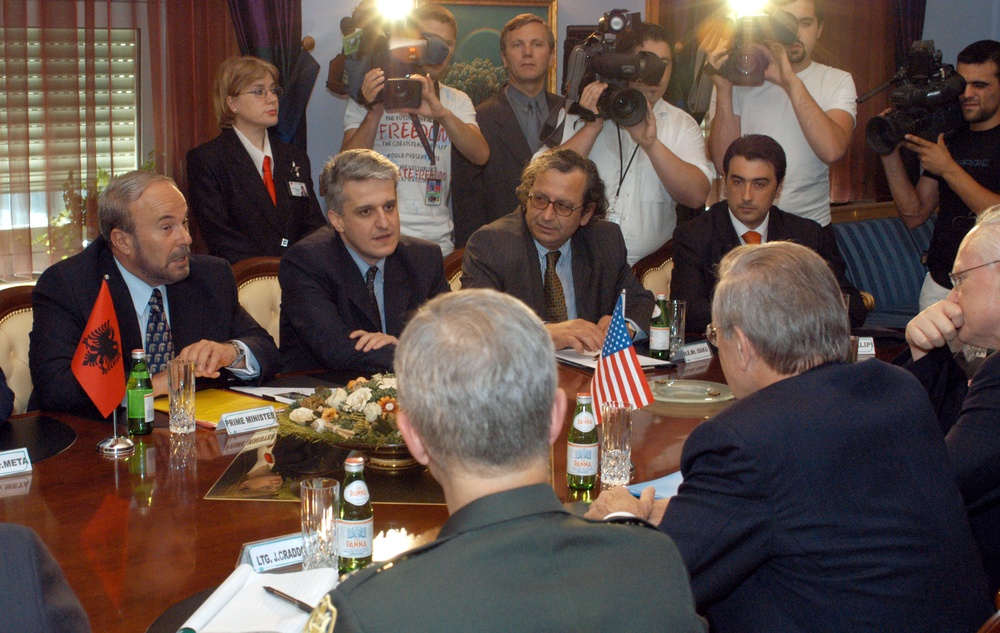 Prime Minister Nano and Minister Majko meet with Secretary Rumsfeld in Tirana, Albania.