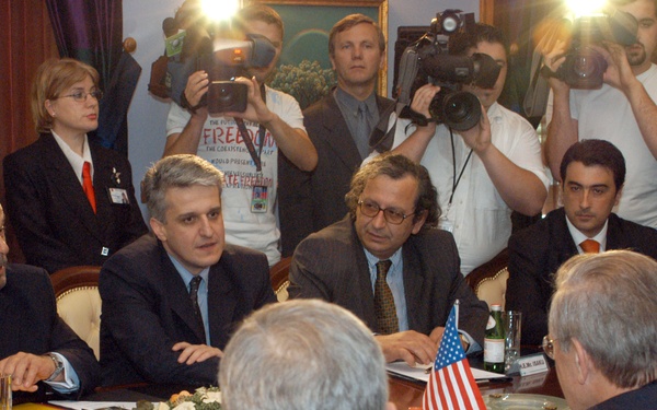 Prime Minister Nano and Minister Majko meet with Secretary Rumsfeld in Tirana, Albania.