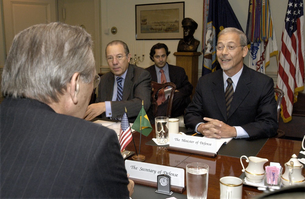 Brazilian Minister of Defense Jose Viegas meets with Secretary Rumsfeld in the Pentagon.
