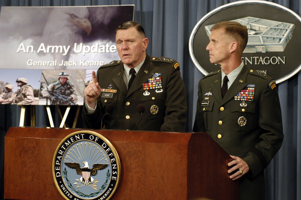 Gen. Keane and Maj. Gen. McChrystal brief reporters on how the Army is organizing to rotate forces supporting Operation Iraqi Freedom.