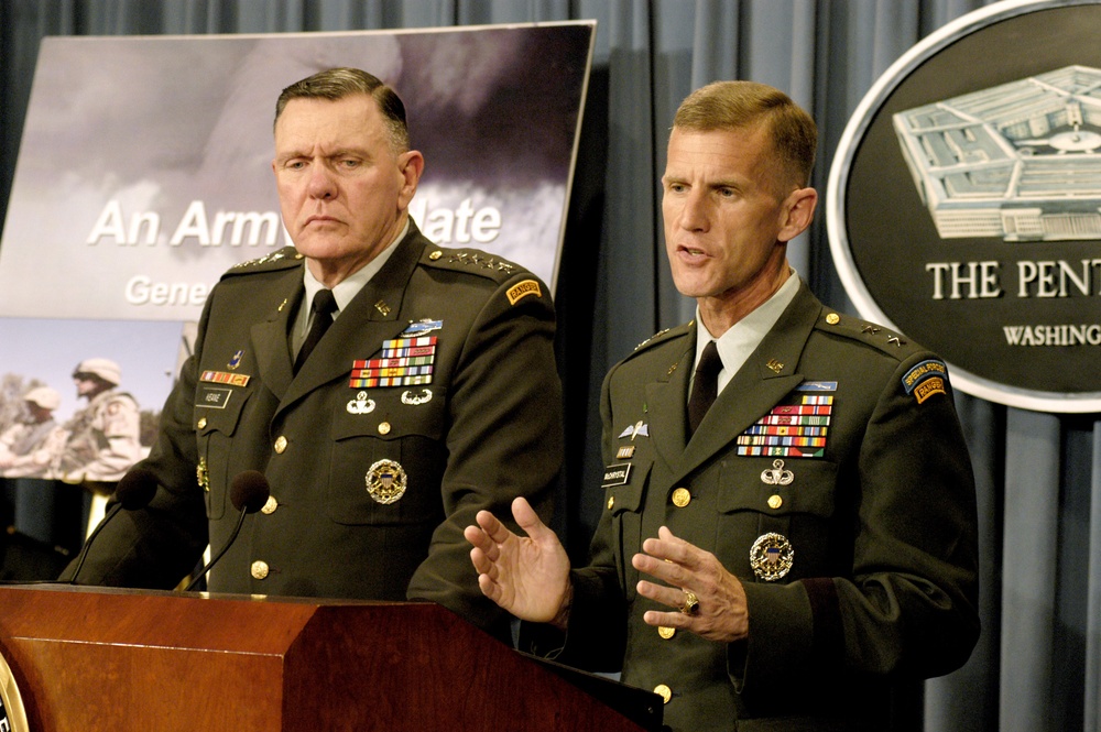 Maj. Gen. McChrystal and Gen. Keane brief reporters on how the Army is organizing to rotate forces supporting Operation Iraqi Freedom.