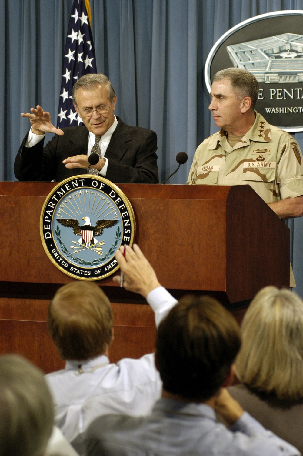 Secretary Rumsfeld and Gen. Abizaid provide reporters with an operational update on the current situation in Iraq.
