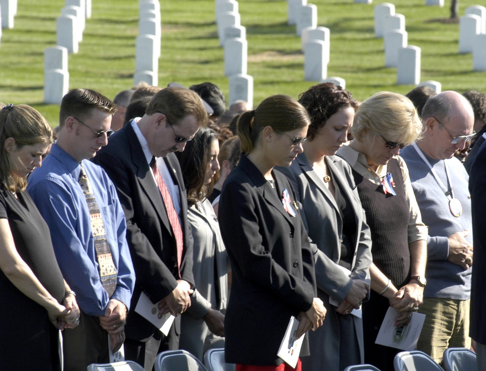 Friends and family of the victims of the terrorist attack on the Pentagon gather for the Patriot's Day wreath laying ceremony.