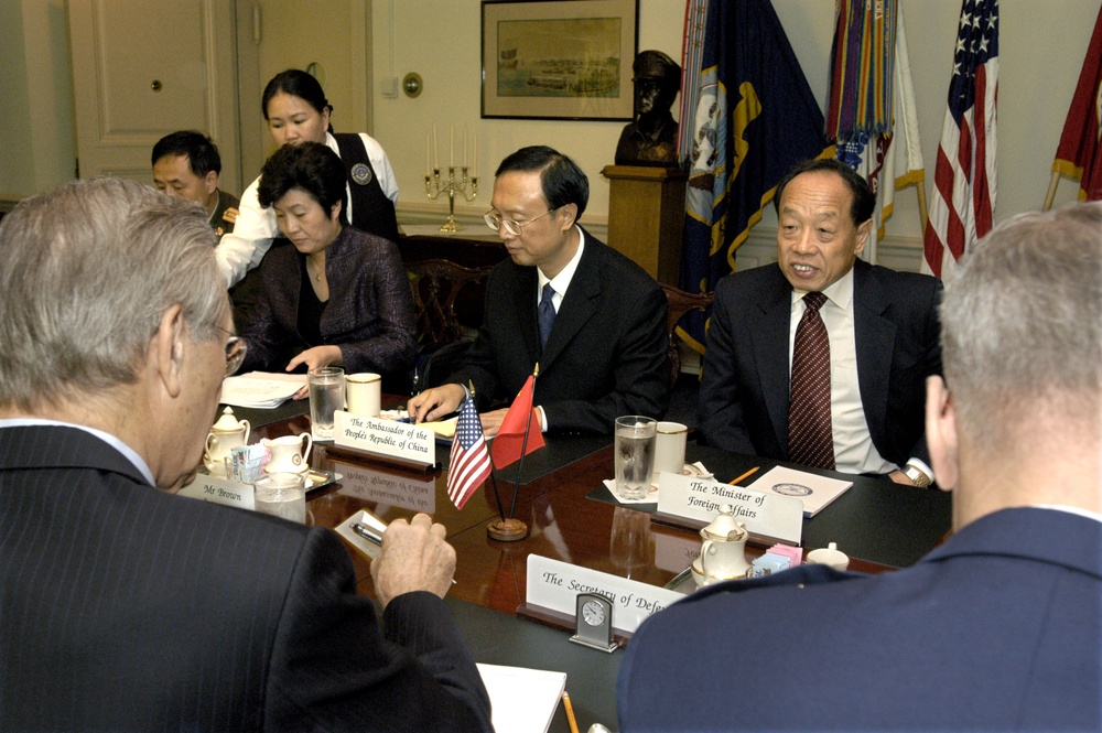 Peoples Republic of China Foreign Minister Li Zhaoxing meets with Secretary Rumsfeld in the Pentagon.