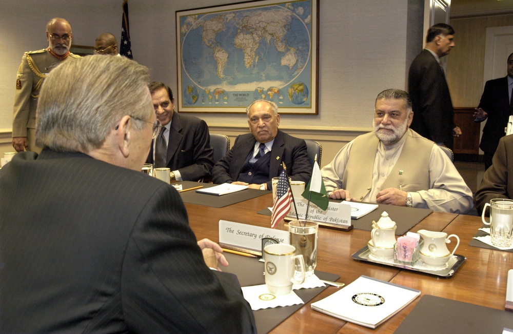 Pakistani Prime Minister Mir Zafarullah Khan Jamali meets with Secretary Rumsfeld at the Pentagon.