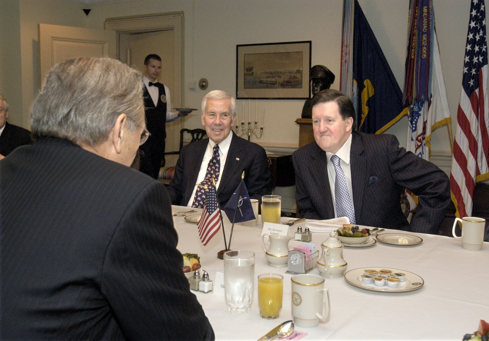 NATO Secretary General Lord Robertson is the guest of honor at a Pentagon breakfast hosted by Secretary Rumsfeld.