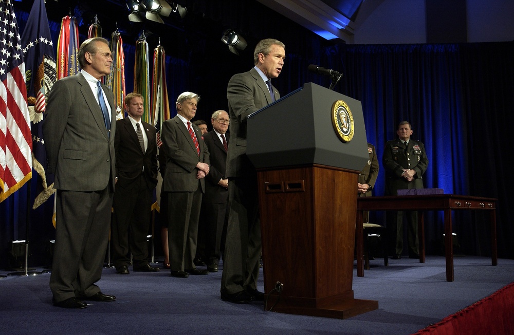 President Bush addresses the audience prior to signing the National Defense Authorization Act at the Pentagon.