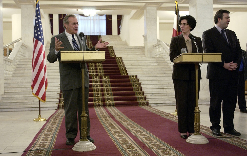 Secretary Rumsfeld and Georgia's Acting President Nino Burjanadze brief reporters during a joint press conference.