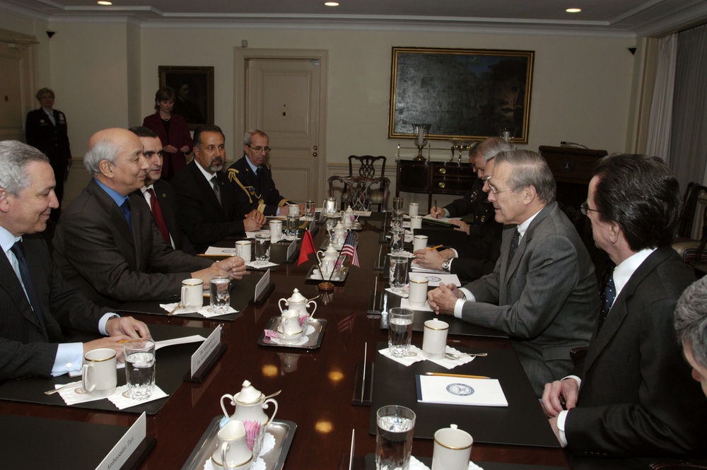 Prime Minister of the Kingdom of Morocco Driss Jettou meets with Secretary Rumsfeld in the Pentagon. Prime Minister of the Kingdom of Morocco Driss Jettou meets with Secretary Rumsfeld in the Pentagon.
