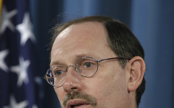 Dov Zakheim presents the Department of Defense budget during a Pentagon briefing.