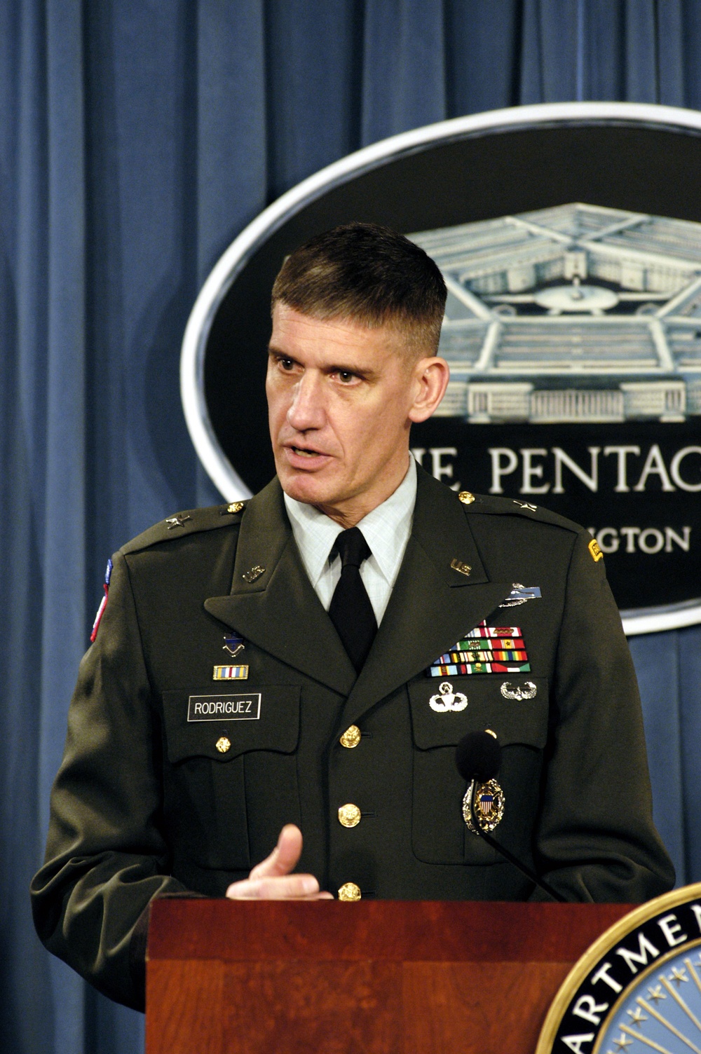 Deputy Director for Operations, Joint Staff, Brig. Gen. David Rodriguez responds to a reporter's question during a press briefing.