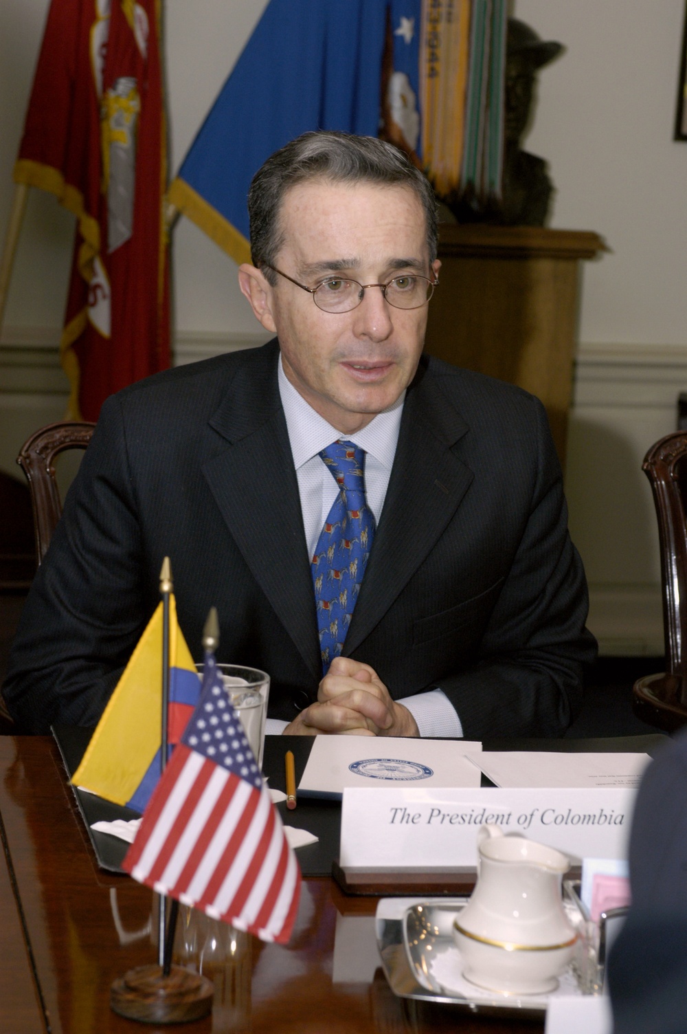 Colombian President Alvaro Uribe meets with Secretary of Defense Rumsfeld in the Pentagon.