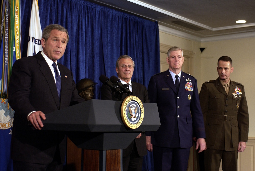 President George W. Bush makes a statement to the press in the Pentagon.