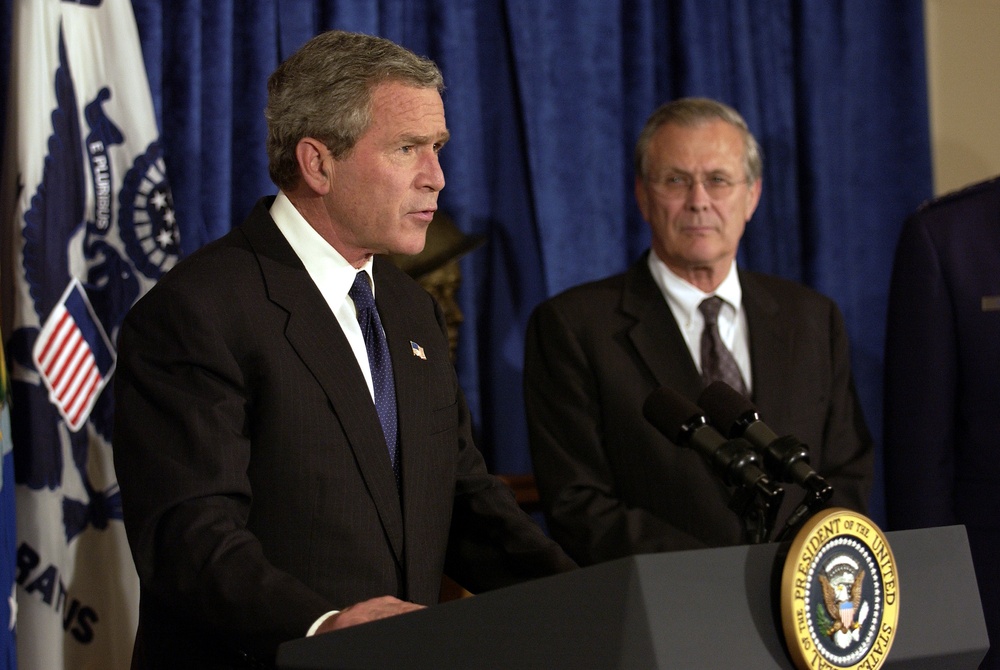 President George W. Bush makes a statement to the press in the Pentagon.
