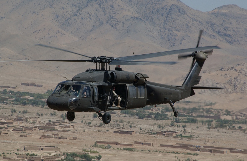 An Army UH-60 Black Hawk helicopter transports soldiers from Bagram Airfield.