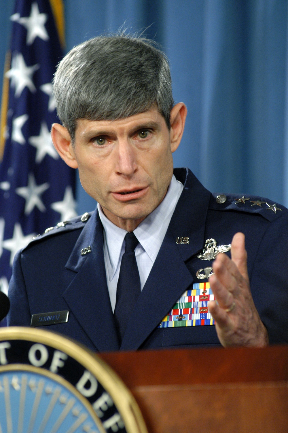 Lt. Gen. Norton Schwartz briefs reporters in the Pentagon.