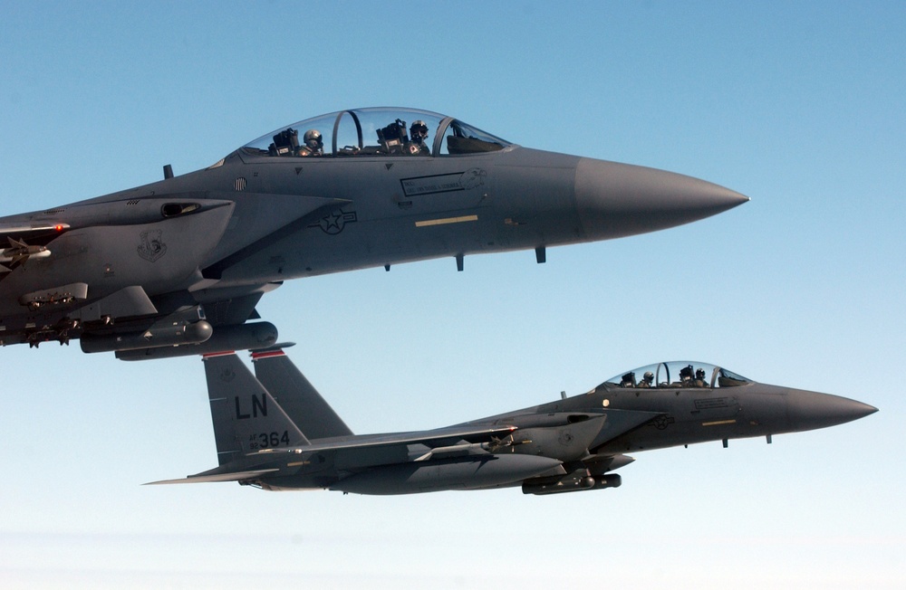 F-15E Strike Eagles perform a training mission over the North Sea.