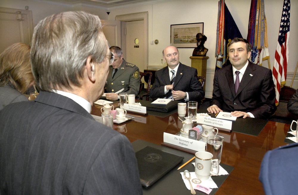 Georgian President Misha Saakashvili meets with Secretary Rumsfeld in the Pentagon.